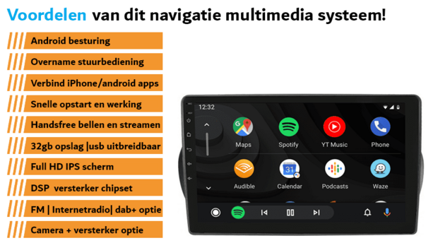 Citro&euml;n Nemo / Peugeot Bipper navigatie draadloos Car link en Android | DDR4 octa core | DAB+ autoradio | Full HD 9&rdquo; scherm