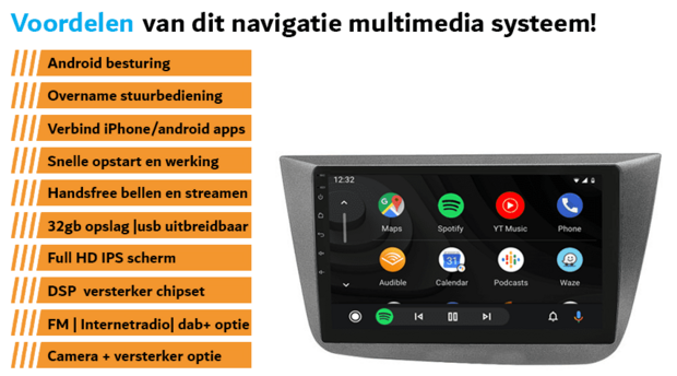 Seat Altea, Seat Toledo navigatie draadloos Car link en Android | DDR4 octa core | DAB+ autoradio | Full HD 9&rdquo; scherm