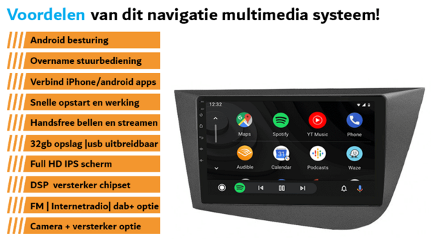 Seat Leon 2005-2012 navigatie draadloos Car link en Android | DDR4 octa core | DAB+ autoradio | Full HD 9&rdquo; scherm