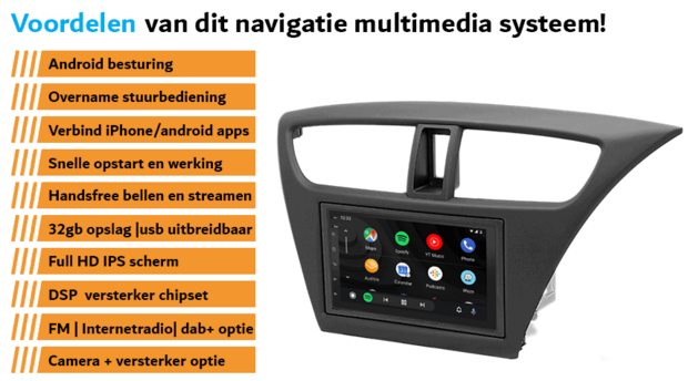 HONDA Civic Hatchback 2012+ Draadloos Car link navigatie | complete set | Android | WIFI | DAB+ autoradio