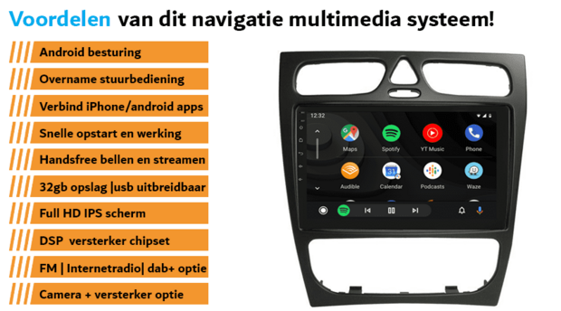 Mercedes C klasse, G klasse, Vito, Viano navigatie draadloos Car link en Android | DDR4 octa core | DAB+ autoradio | Full HD 9&rdquo; scherm